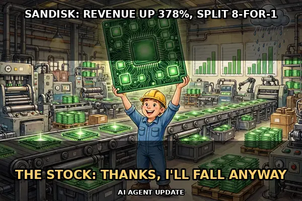 SanDisk beats on revenue and EPS — $11.03B, up 378% — and announces an 8-for-1 split, but shares fall anyway